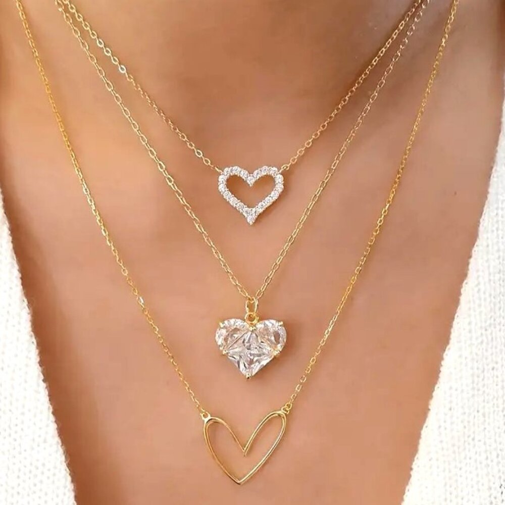 Necklace Heart Layered Chains Rhinestones Stylish Choker Love Gold Glam Trendy